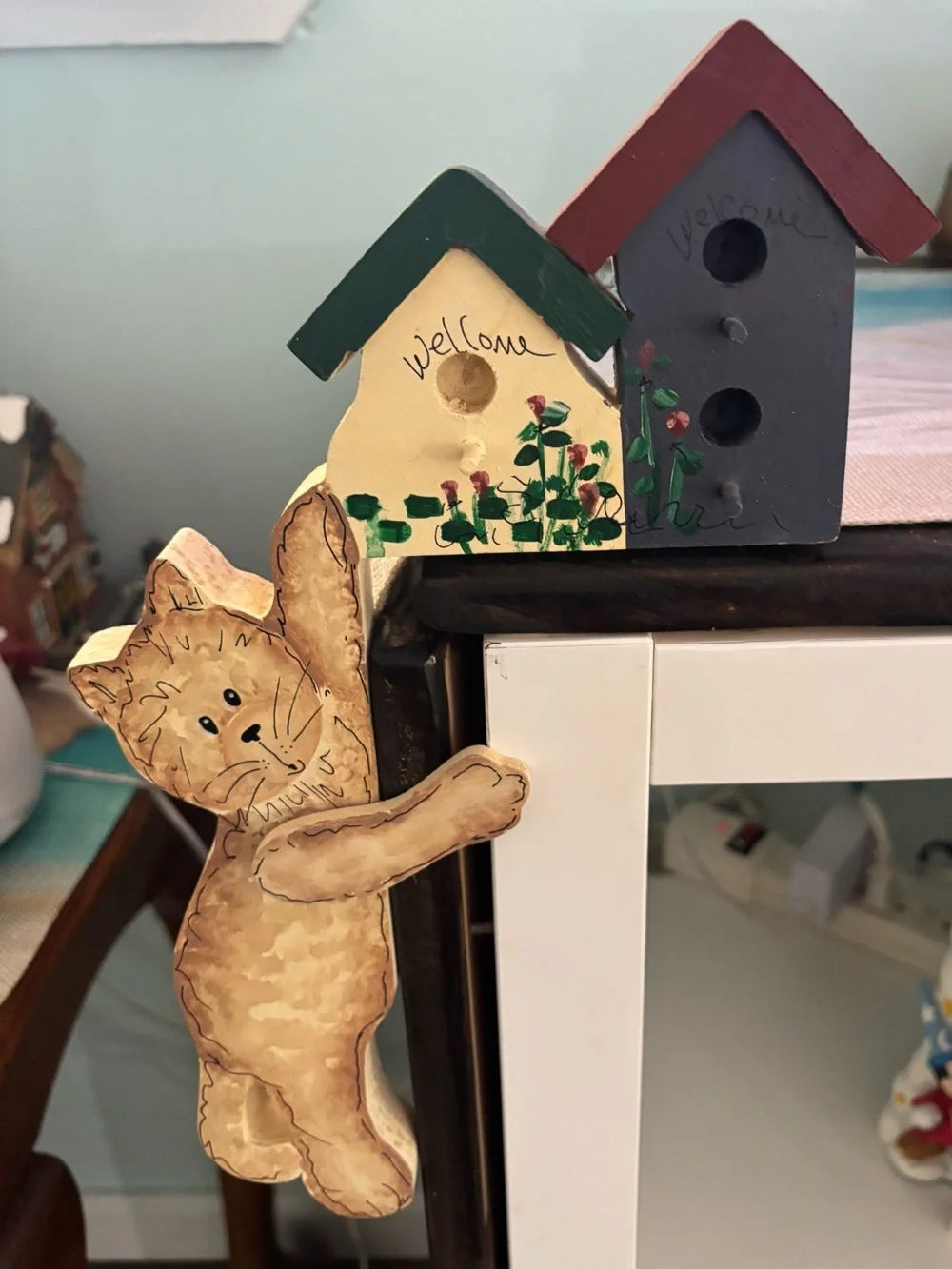 Wooden hand painted cat shelf sitter/ shelf edge decor